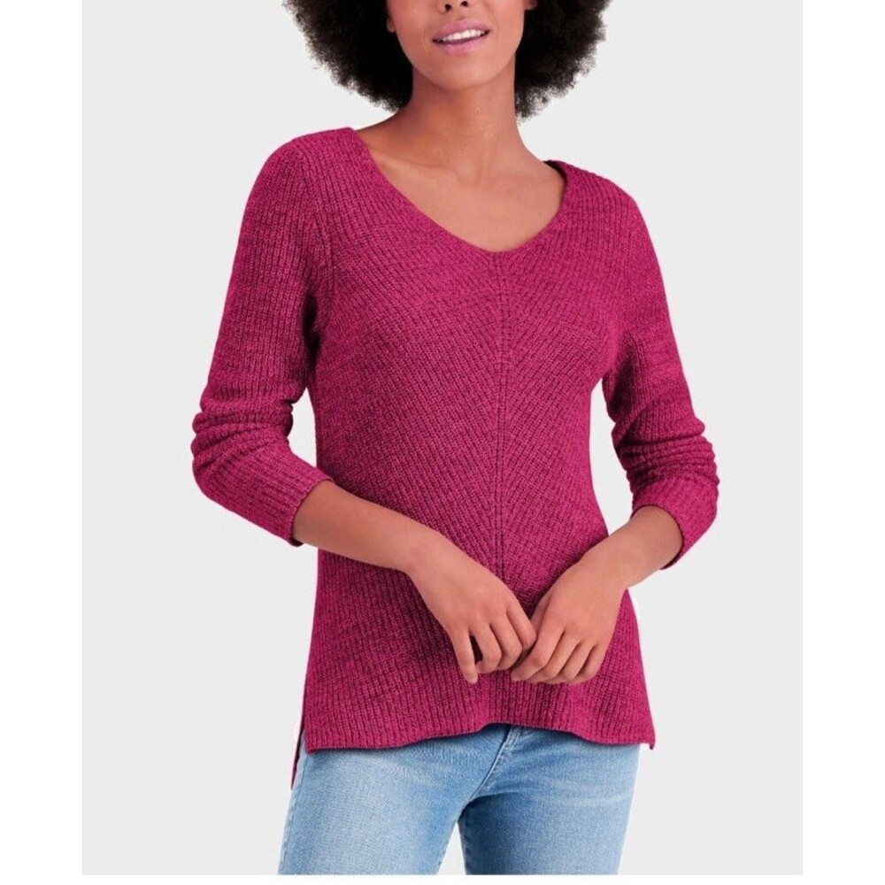 Style & Co Womens Magenta Pink Long Sleeves V Neck Knit Sweater Top Plus Size 1X